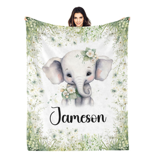 Personalized Flower and Elephant Name Blanket - Gifts for Baby - Baby Shower