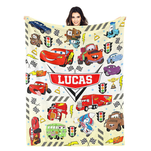 Personalized Cartoon Cute Car Name Blanket - Gift for Kids