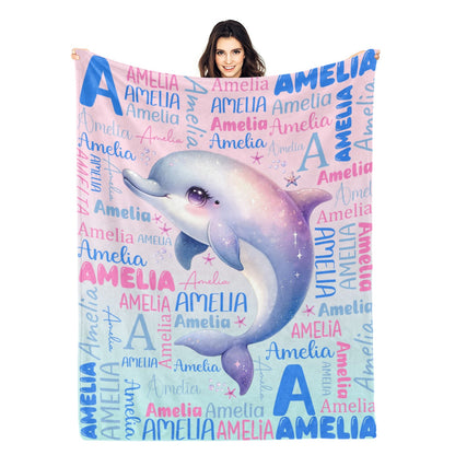 Personalized Watercolor Dolphin Kids Name Blanket - Gift for Kids