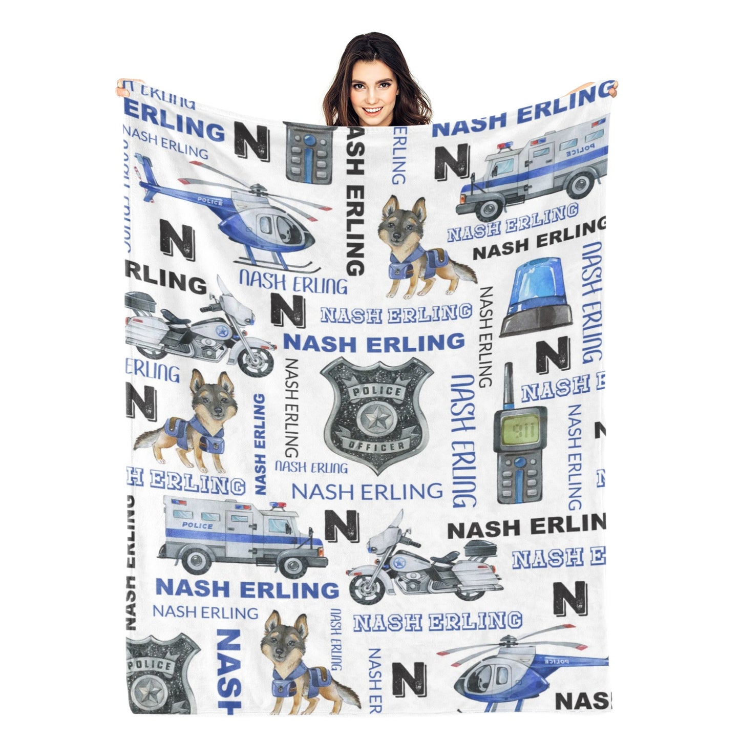 Personalized Watercolor Police Series Name Blanket - Gift for Kids