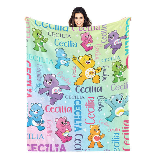 Personalized Colorful Gradient Bear Name Blanket - Gift for Kids