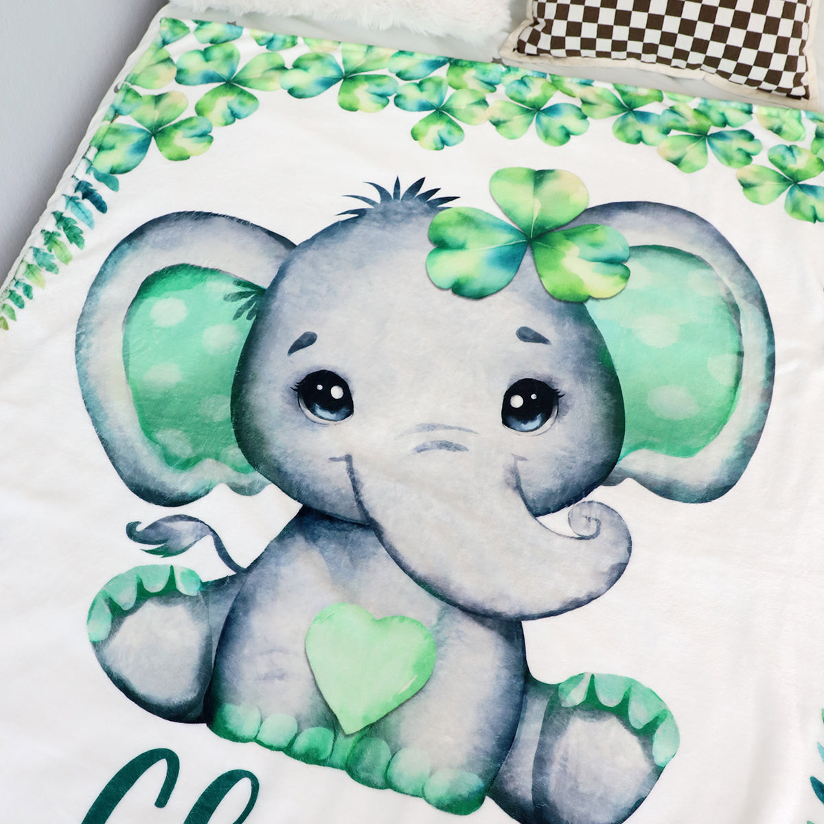 Personalized Clover Elephant Name Blanket - Gift for Kids