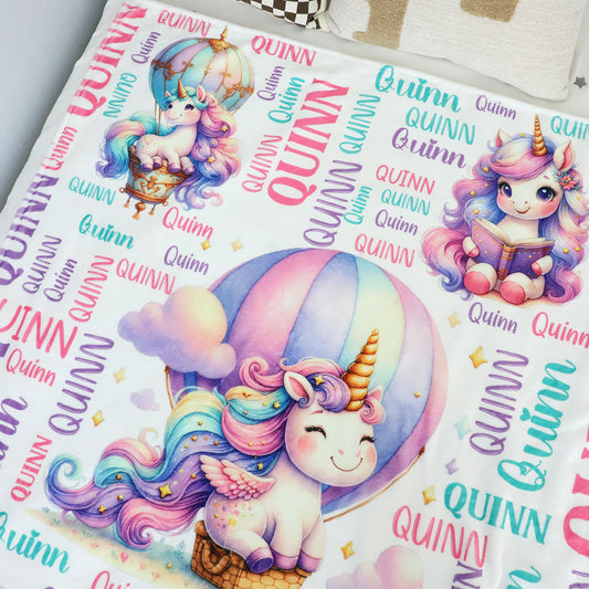 Personalized Cute Unicorn Girls Name Blanket - Gift for Kids