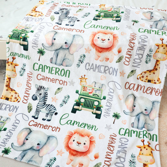 Personalized Custom Safari Animal Name Blanket - Gift for Kids