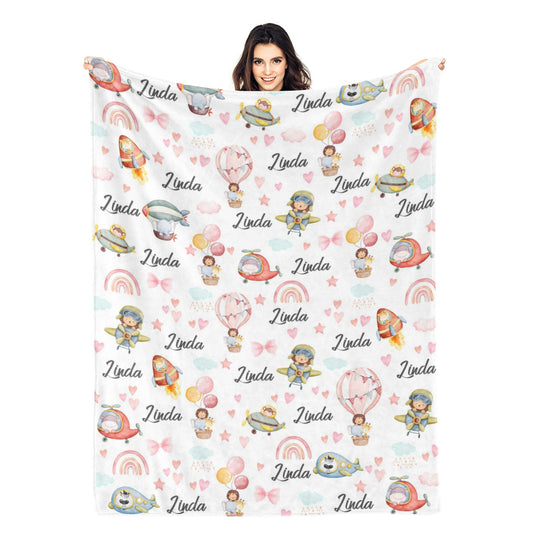 Personalized Cartoon Safari Animals Name Blankets - Gift for Kids