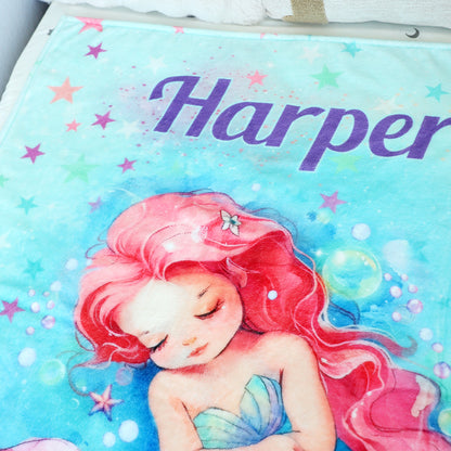 Personalized Cute Mermaid Girl Name Blanket - Gifts for Kids