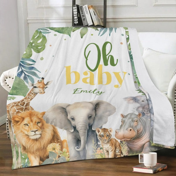 Personalized Jungle Wildlife Baby Shower Blanket - Gift for Baby