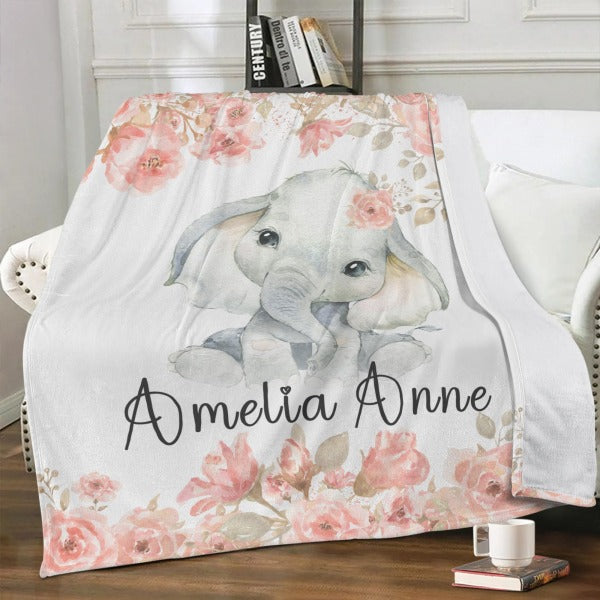 Personalized Pink Floral Elephant Name Blankets - Gifts for Baby