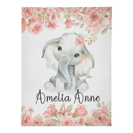 Personalized Pink Floral Elephant Name Blankets - Gifts for Baby