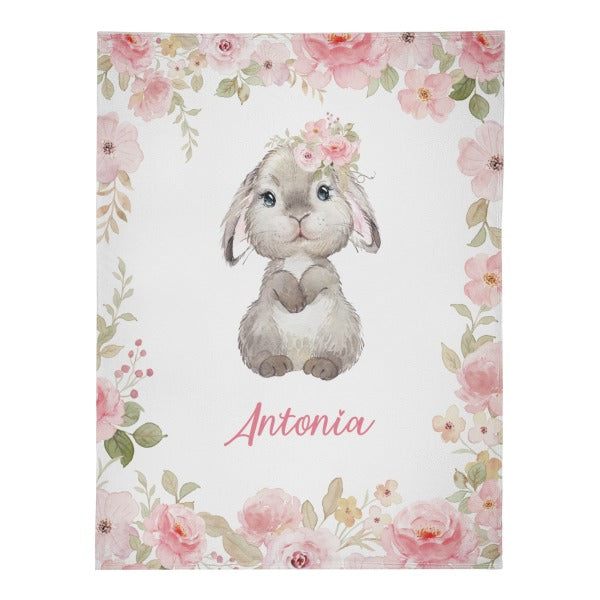 Personalized Pink Floral Rabbit Blanket - Gift for Baby