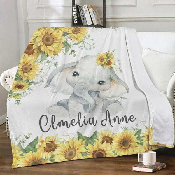 Personalized Sunflower Flower Elephant Blanket - Gift for Baby