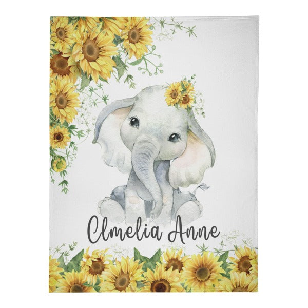 Personalized Sunflower Flower Elephant Blanket - Gift for Baby