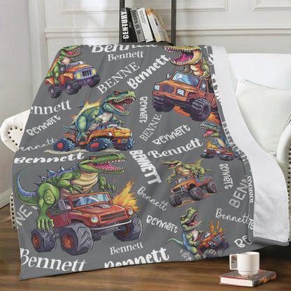 Personalized Monster Dinosaur Truck Blanket - Gift for Kids