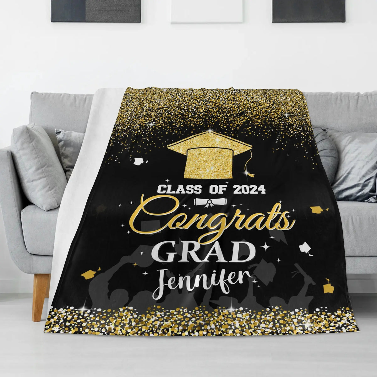 Personalized Name Glitter Gold Graduation Blankets - Graduation Gifts