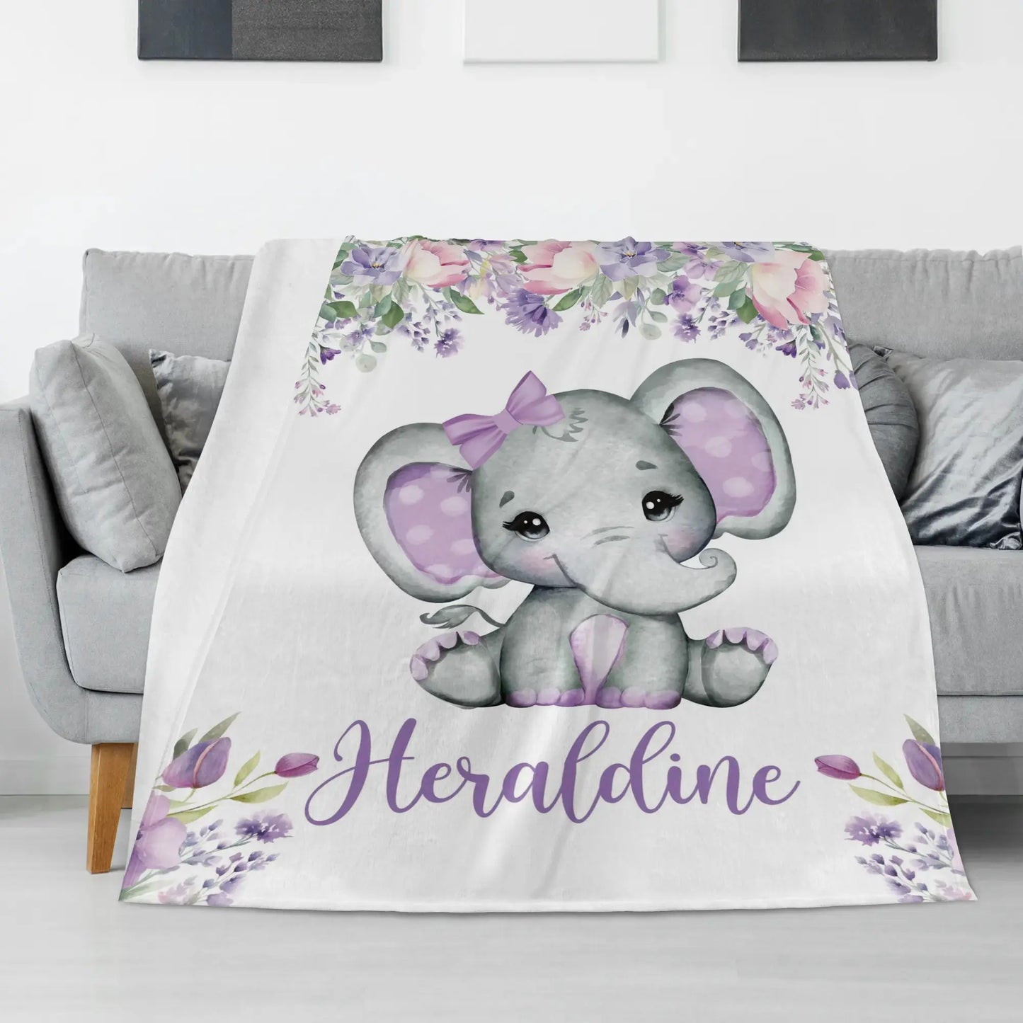 Personalized Purple Floral Elephant Baby Name Blanket - Gift for Baby