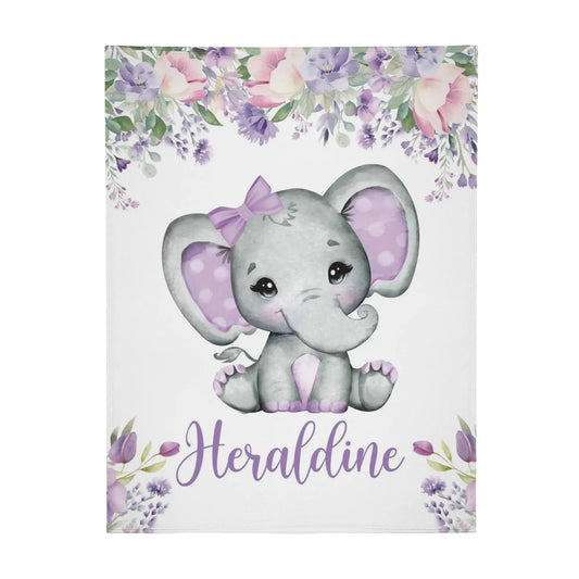 Personalized Purple Floral Elephant Baby Name Blanket - Gift for Baby