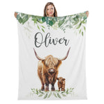 Personalized Watercolor Highland Cow Baby Name Blanket - Gift for Baby