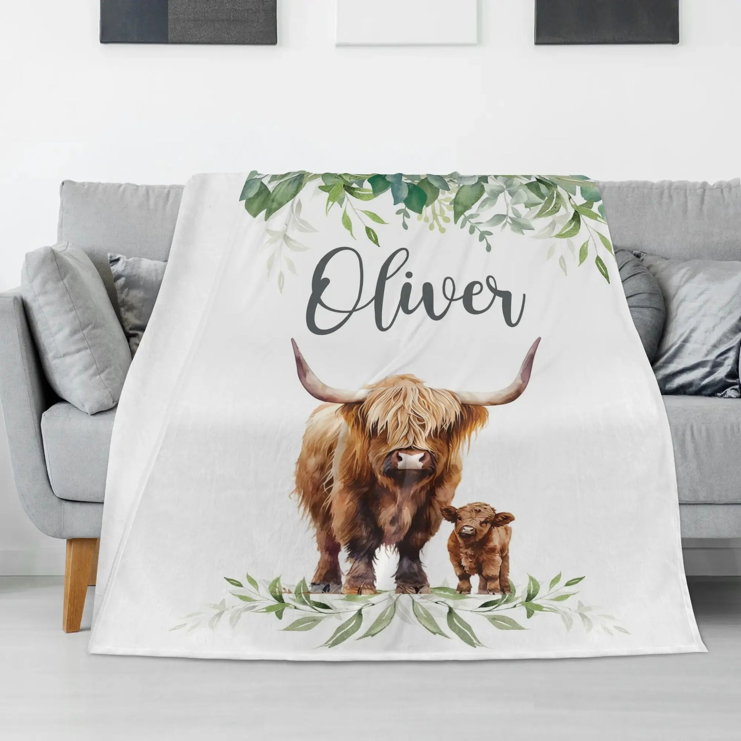 Personalized Watercolor Highland Cow Baby Name Blanket - Gift for Baby