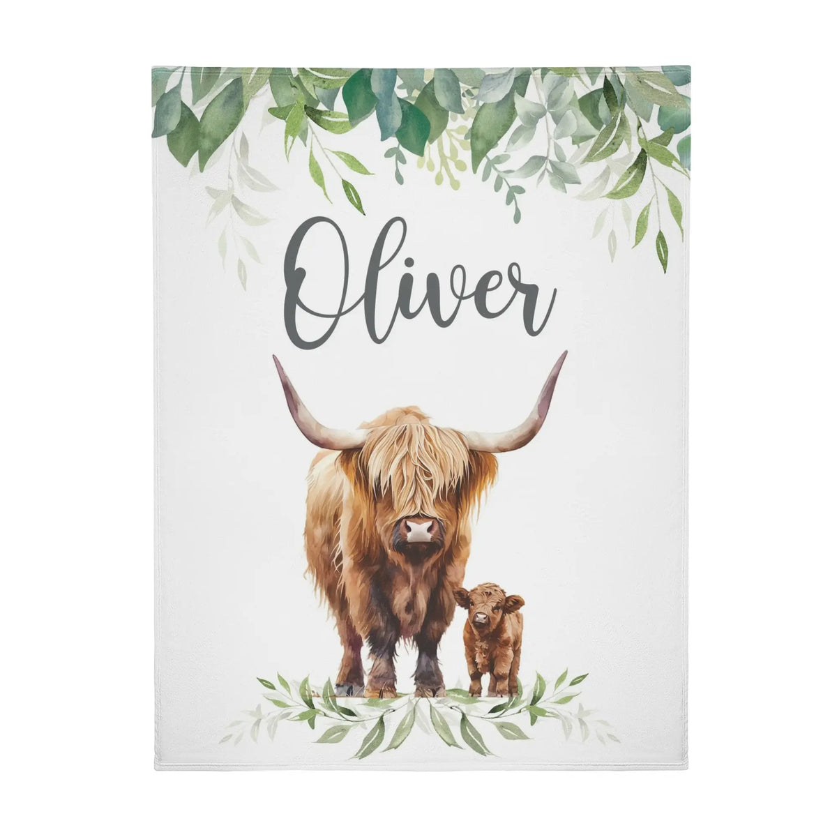 Personalized Watercolor Highland Cow Baby Name Blanket - Gift for Baby