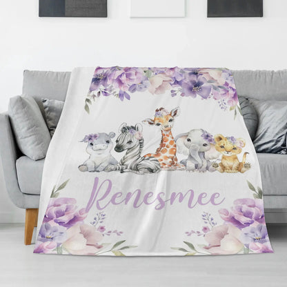 Personalized Purple Forest Animal Baby Name Blanket - Gift for Baby