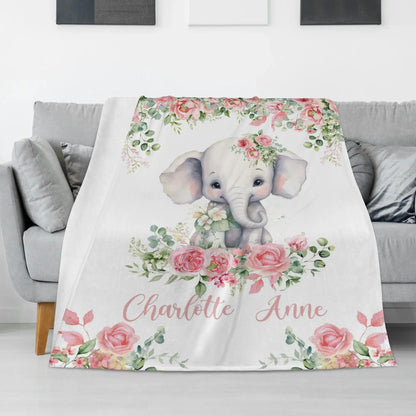 Personalized Watercolor Elephant Baby Floral Blanket - Gift for Baby