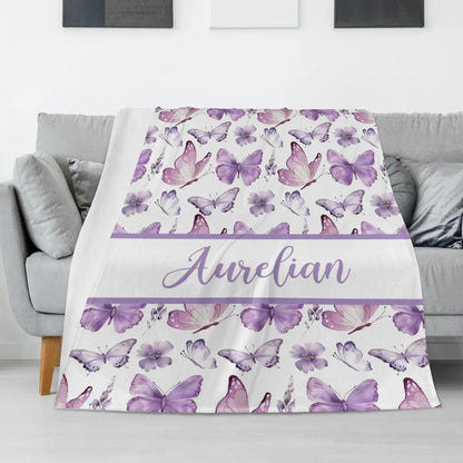 Personalized Watercolor Purple Butterfly Baby Name Blanket - Gift for Baby