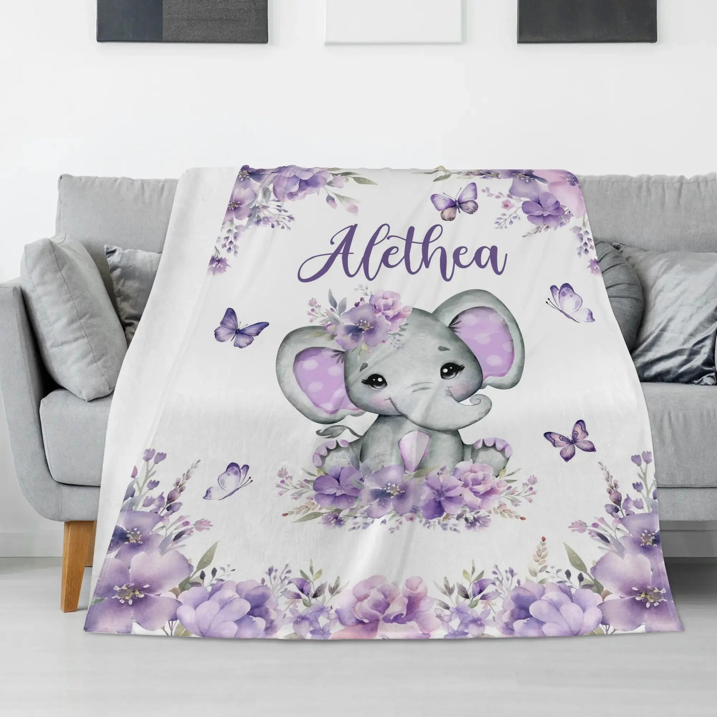 Personalized Watercolor Cute Elephant Baby Name Blanket - Gift for baby