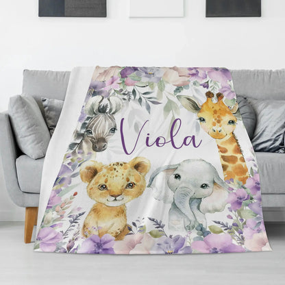Personalized Safari Animals Baby Name Floral Blanket - Gift for baby