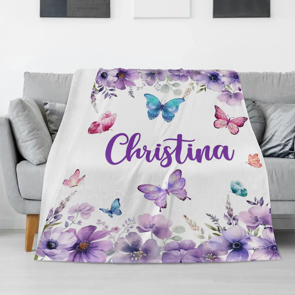 Personalized Watercolor Purple ButterflyBaby Name Blanket - Gift for baby