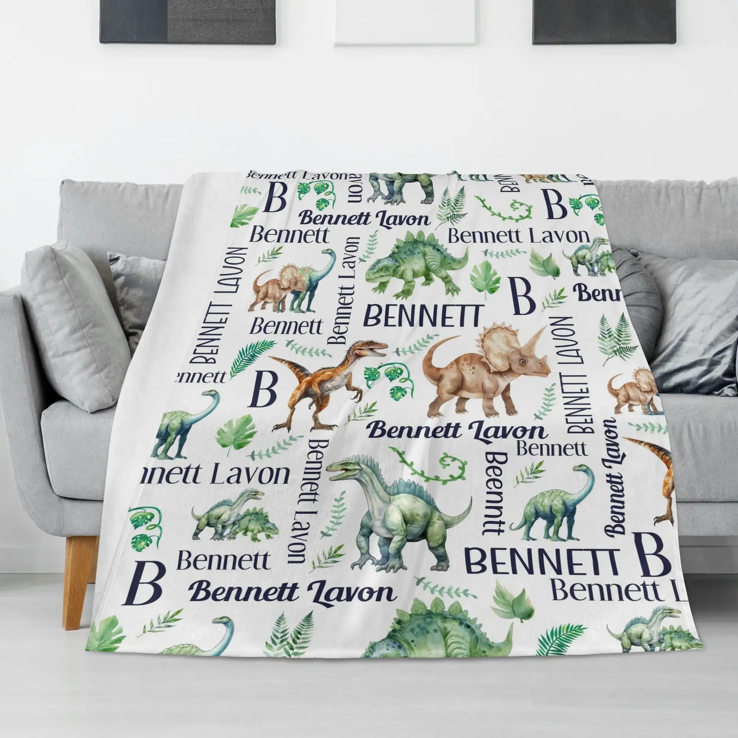 Personalized Watercolor Dinosaur Name Blanket - Gift for Kid