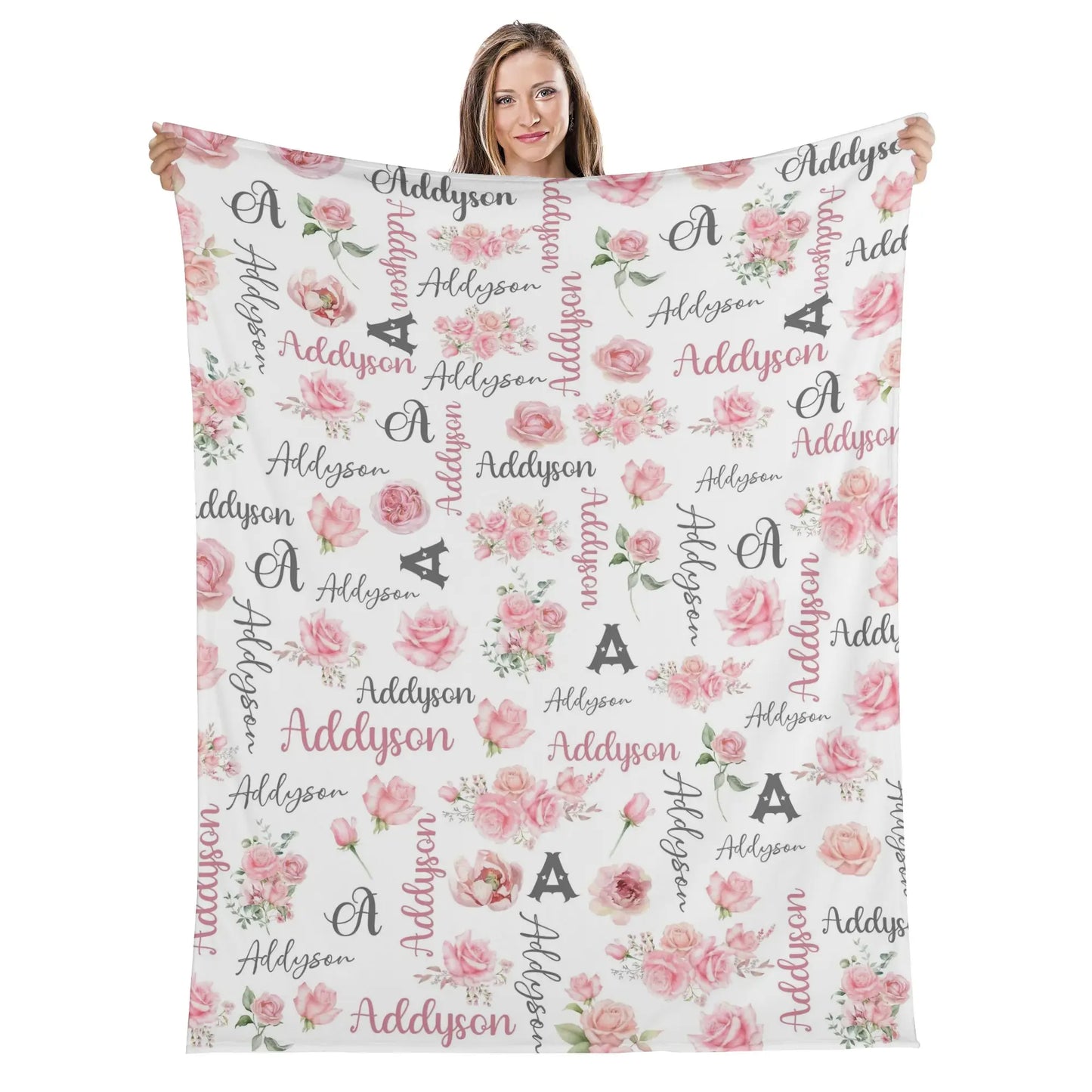 Personalized Pink Rose Girl Name Blanket - Gift for Kid