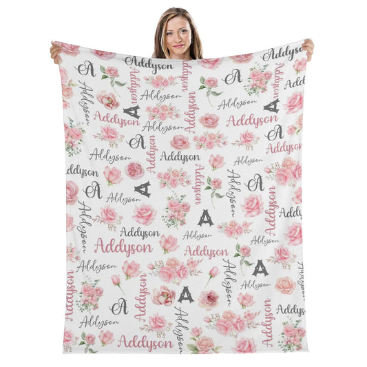 Personalized Pink Rose Girl Name Blanket - Gift for Kid