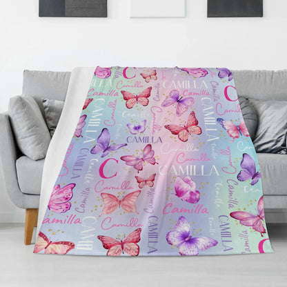 Personalized Watercolor Pink Butterfly Girl Name Blanket - Gift for Kid