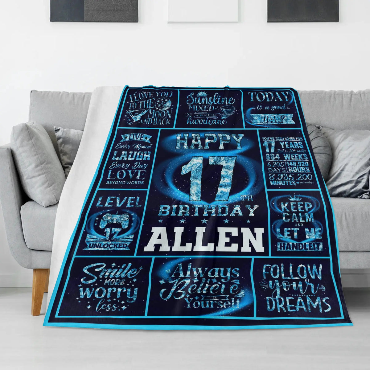 Personalized Blue Theme Birthday Name Blanket - Gift for Kids