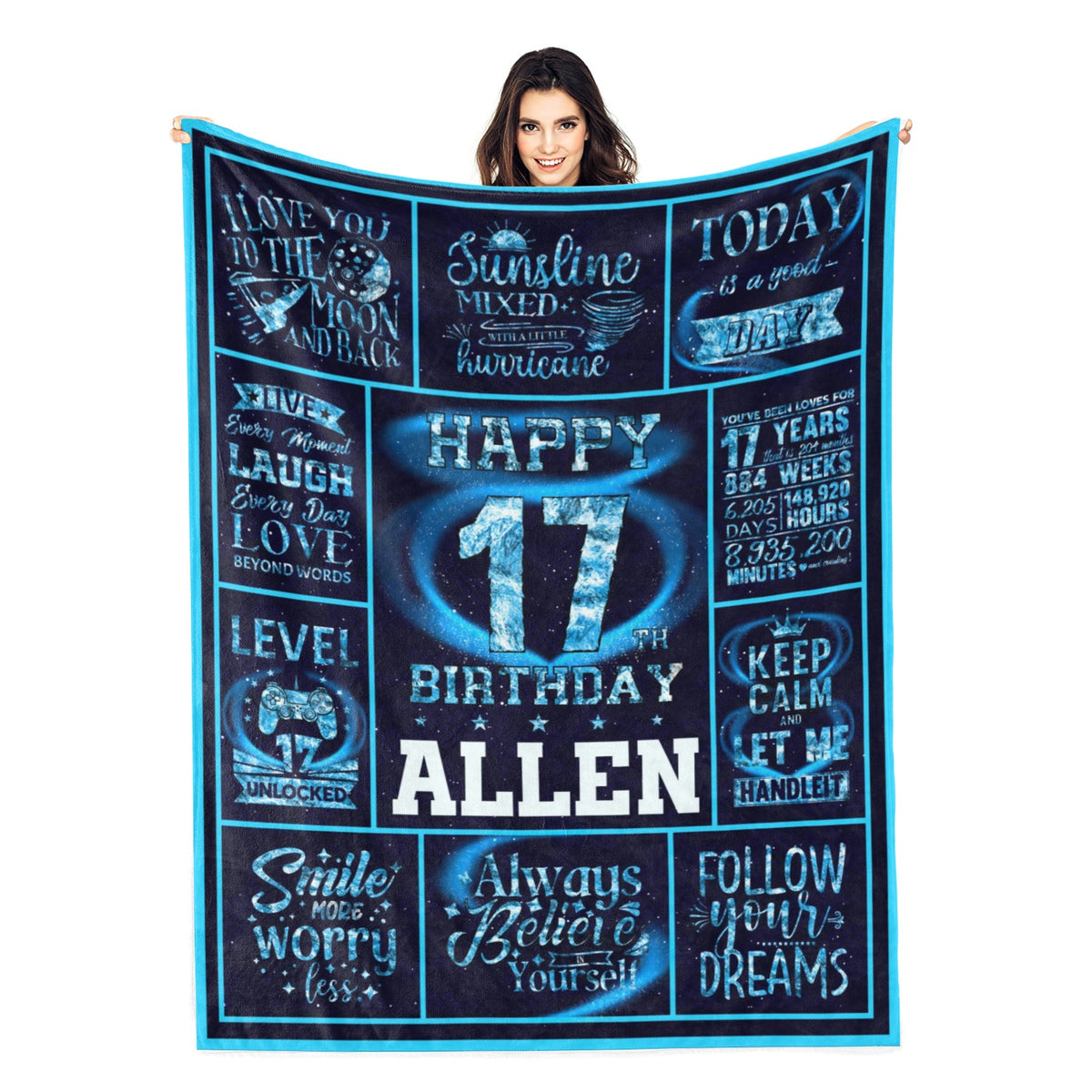 Personalized Blue Theme Birthday Name Blanket - Gift for Kids