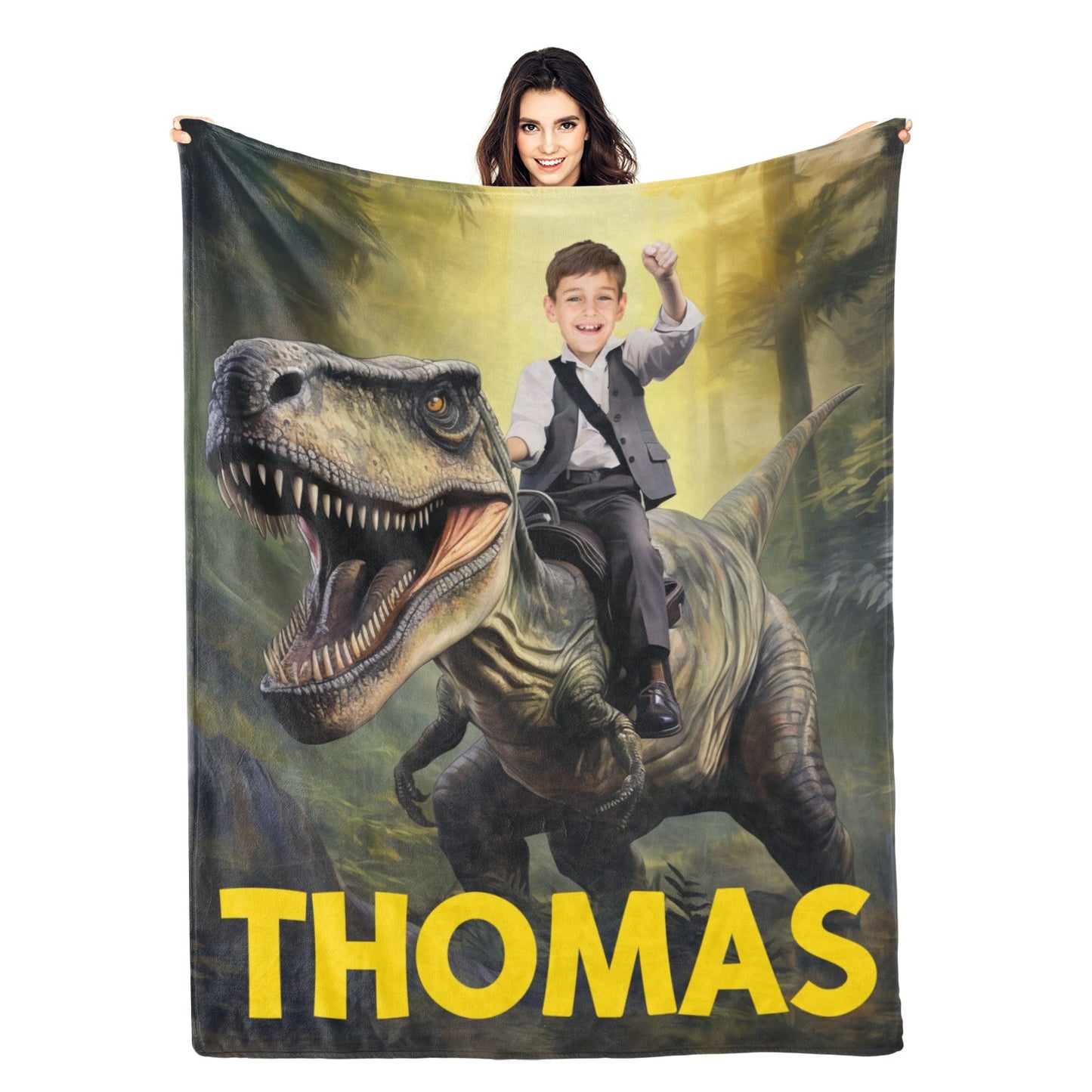 Personalized Custom Photo And Name Dinosaur Blanket - Gift for Kids