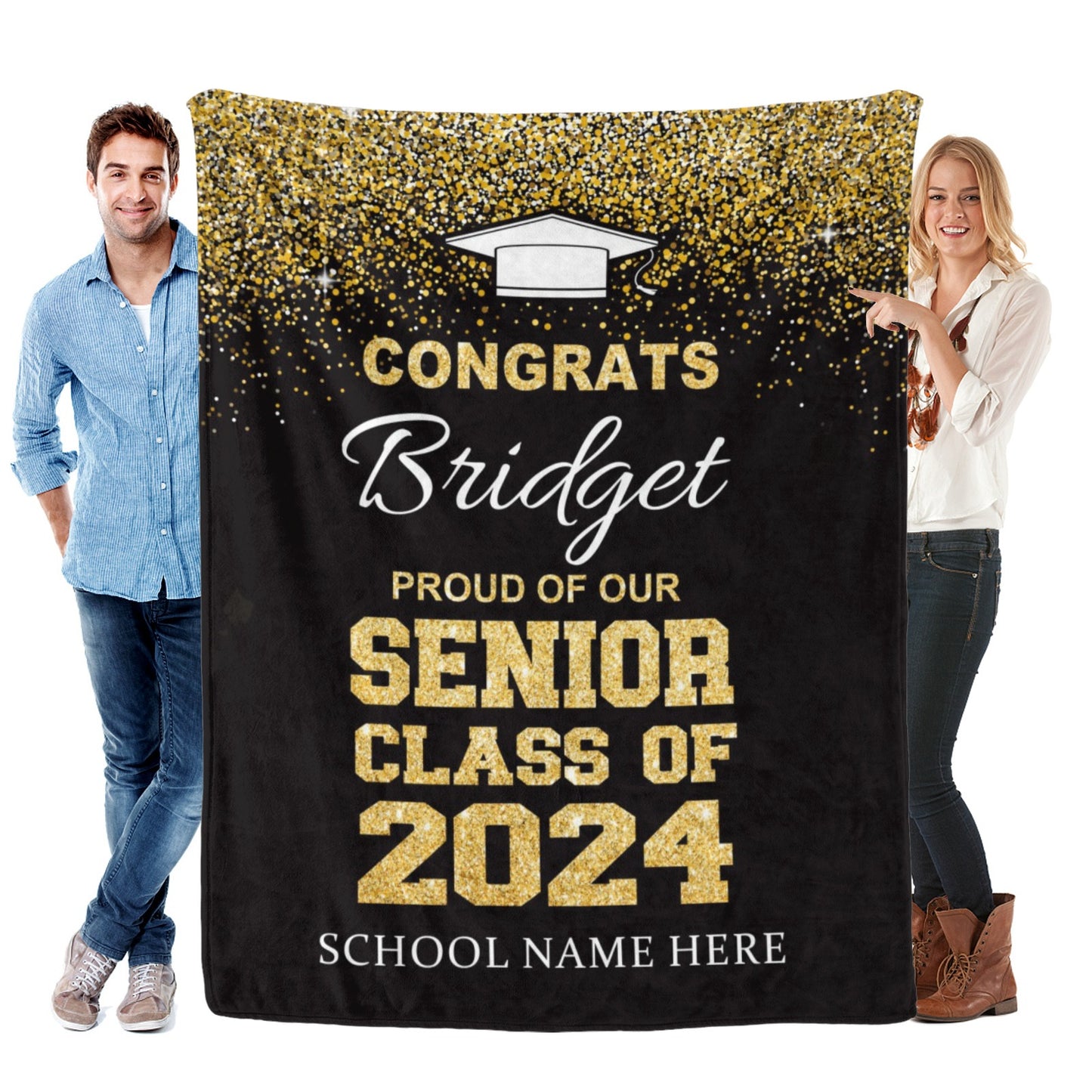 Personalized Black Gold Classic Name Blanket - Graduation Gift