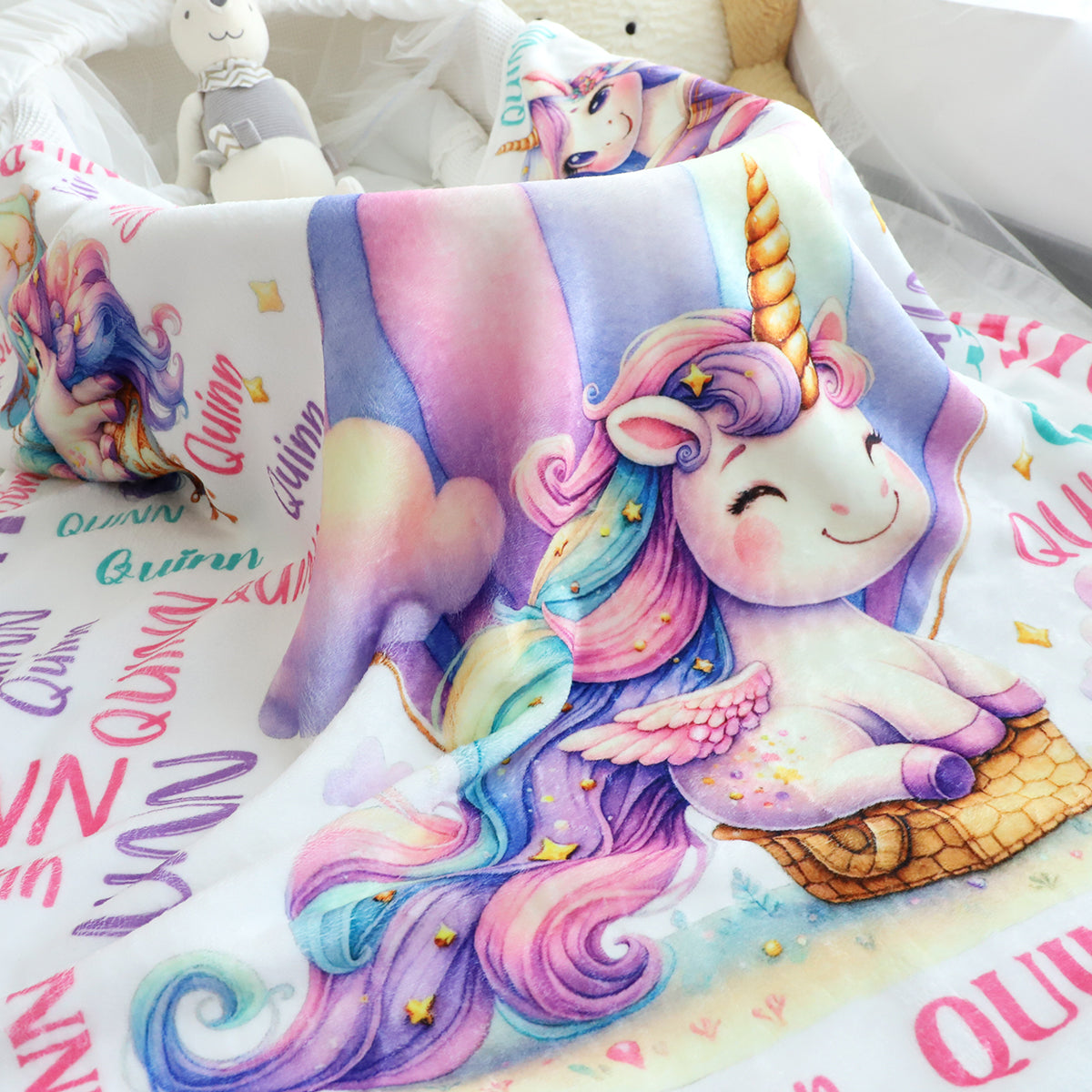 Personalized Cute Unicorn Girls Name Blanket - Gift for Kids