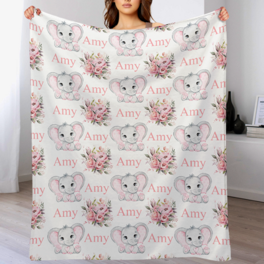 Personalized Cute Elephant Baby Name Floral Blanket - Gift for baby
