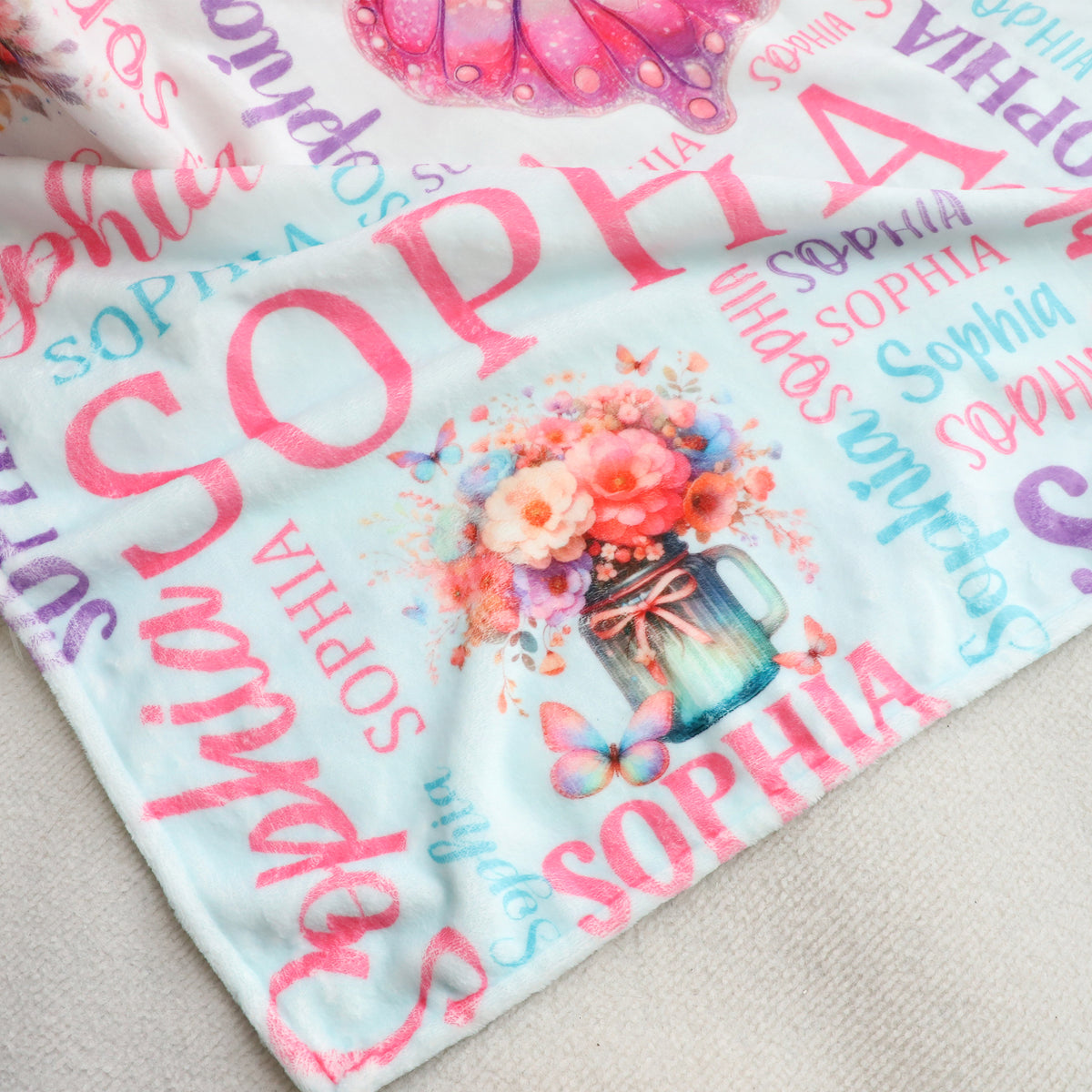 Personalized Colorful Butterfly Themed Name Blanket - Gift for Kids