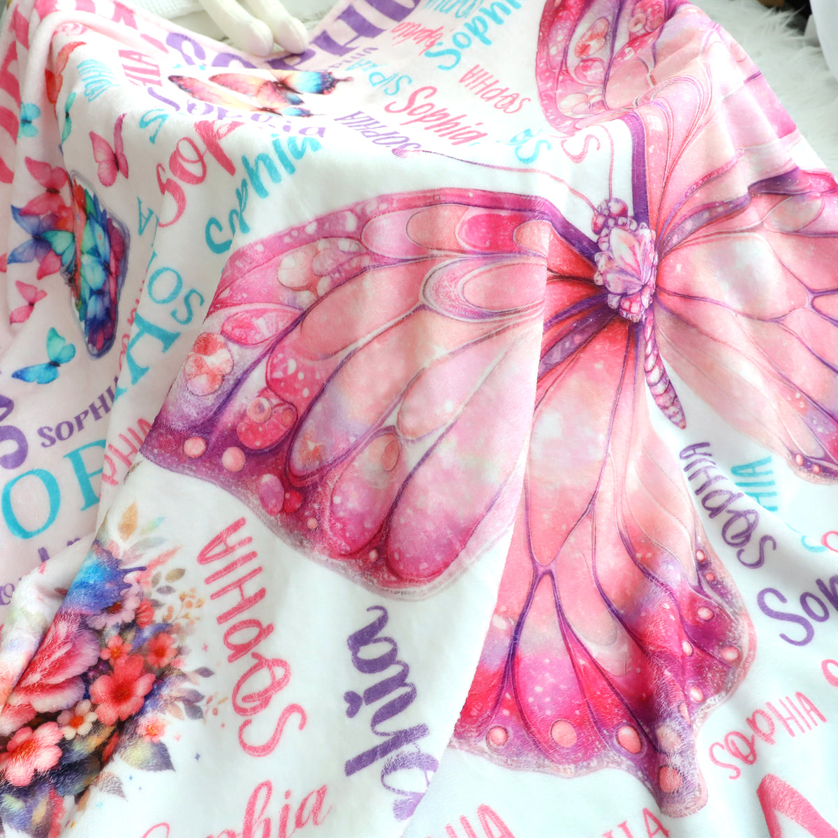 Personalized Colorful Butterfly Themed Name Blanket - Gift for Kids