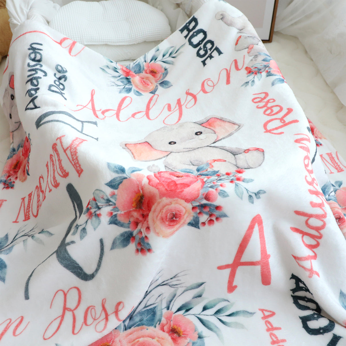 Personalized Cute Floral Elephant Blankets - Gifts for Baby