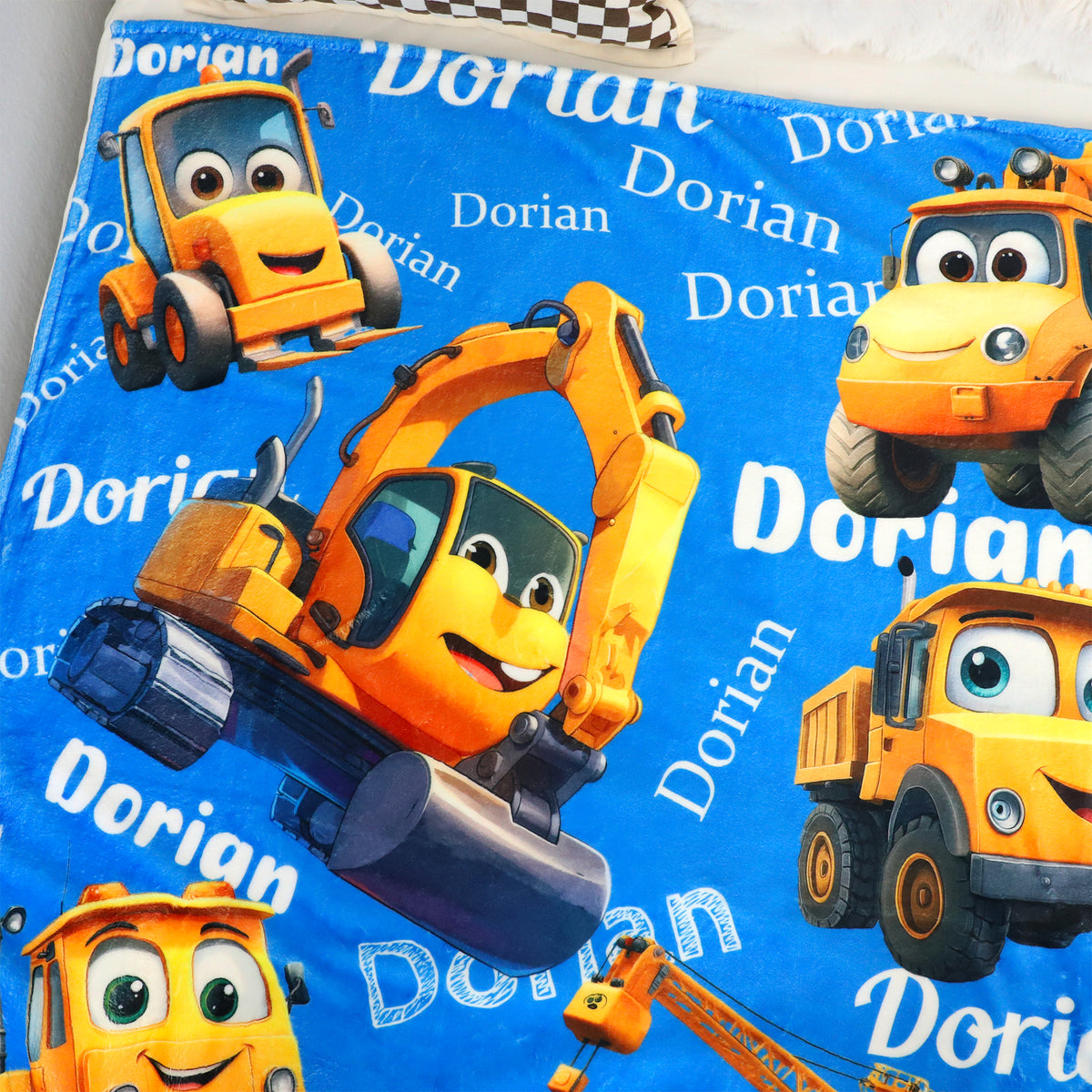 Personalized Cartoon Construction Truck Name Blankets - Gift for Kid