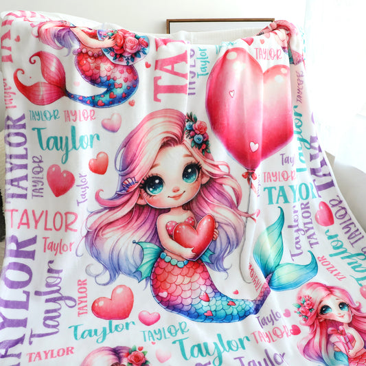 Personalized Little Mermaid Girls Name Blanket - Gift for Kids