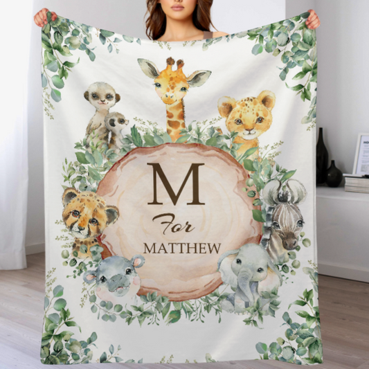 Personalized Watercolor Jungle Animal Baby Name Blanket - Gift for Baby
