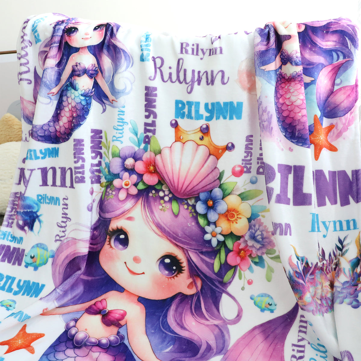 Personalized Purple Little Mermaid Girls Name Blanket - Gift for Kids