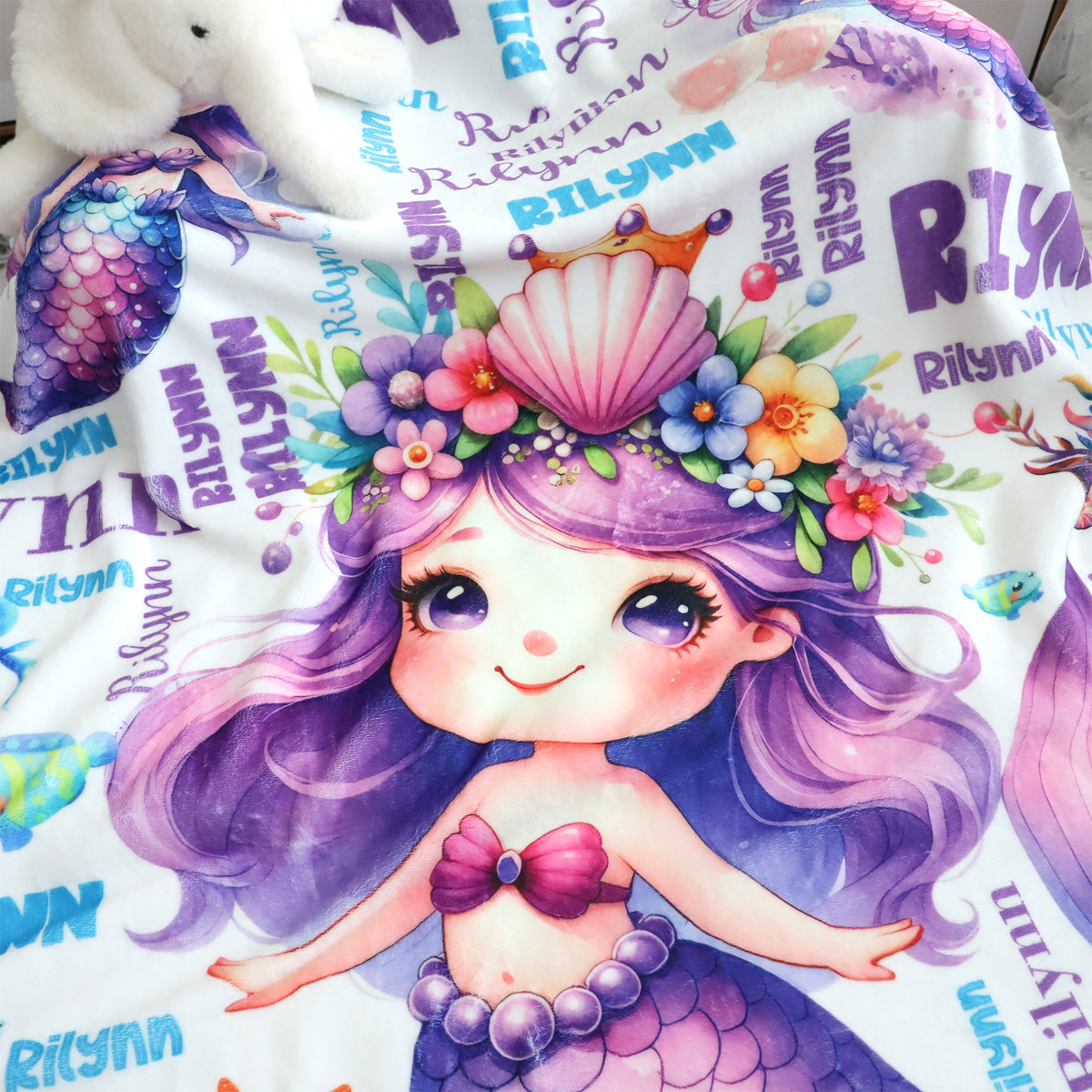 Personalized Purple Little Mermaid Girls Name Blanket - Gift for Kids