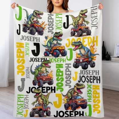 Personalized Cool Truck Dinosaur Blanket - Gift for Kids
