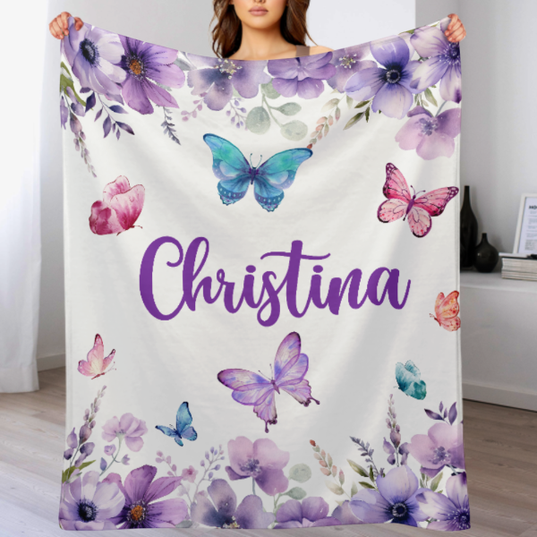 Personalized Watercolor Purple ButterflyBaby Name Blanket - Gift for baby