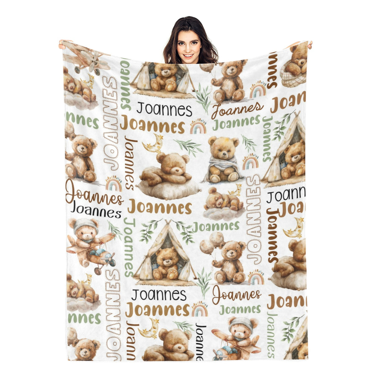 Personalised Watercolour Brown Bear Kids Name Blanket - Gift for Kid